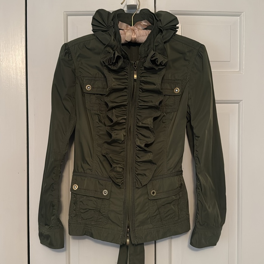 White House Black Market Olive Jacket with matching belt.